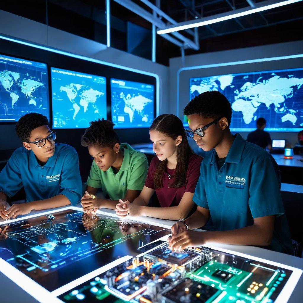 A dynamic scene showcasing diverse students collaborating on advanced STEM projects, surrounded by futuristic technology and colorful schematics. Elements like robots, digital screens displaying coding, and mathematical equations float around them. The atmosphere is filled with energy and innovation, symbolizing collaboration and progress in education. super-realistic. vibrant colors. futuristic setting.