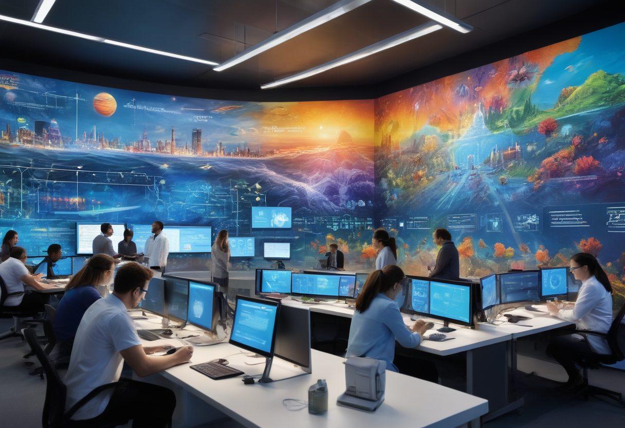 A dynamic scene depicting a diverse group of researchers collaborating in a modern lab, surrounded by technology and STEM-related gadgets. In the background, a large informational mural illustrating successful nonprofit initiatives in STEM is visible. The atmosphere is filled with energy and curiosity, emphasizing teamwork and innovation. Bright colors symbolizing creativity, with elements like charts and laptops showcasing data sharing. super-realistic. vibrant colors. collaborative atmosphere.